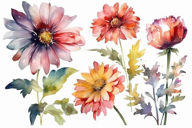 Un ensemble de fleurs aquarelles sur fond blanc