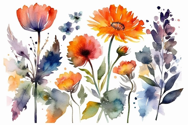 Un ensemble de fleurs aquarelles sur fond blanc