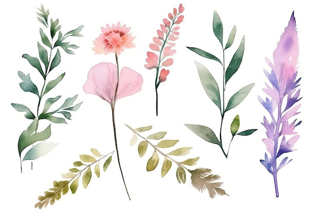 Un ensemble de fleurs aquarelles sur fond blanc