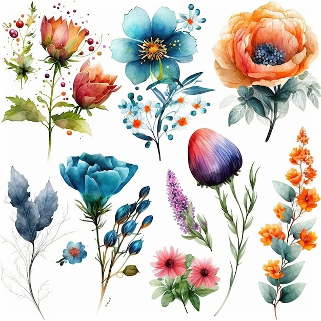 ensemble de fleurs aquarelles sur fond blanc