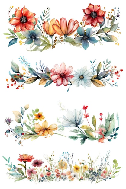 Un ensemble de fleurs aquarelles sur fond blanc.