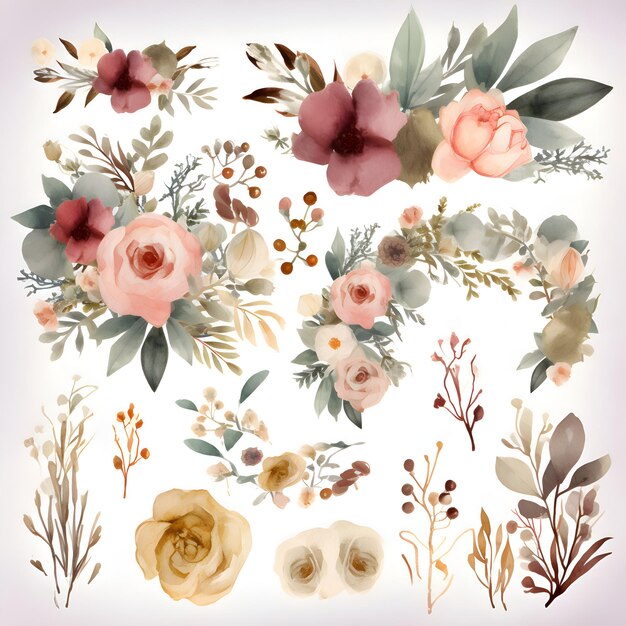 Ensemble de fleurs aquarelles Éléments floraux peints à la main Illustration vectorielle