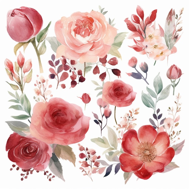 Un ensemble de fleurs aquarelles avec des roses rouges et des feuilles.