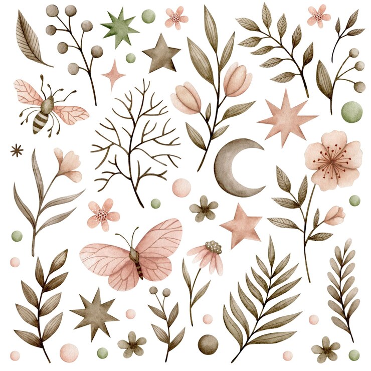 Photo un ensemble de fleurs, de branches, de papillons, d'illustrations à l'aquarelle de style boho isolées sur un fond blanc.