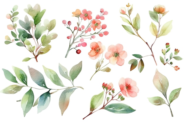 Un ensemble de fleurs et de feuilles à l'aquarelle