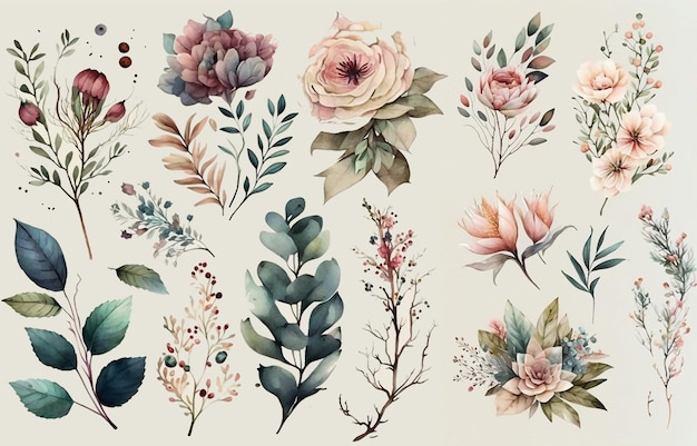 Un ensemble de fleurs et de feuilles à l'aquarelle.