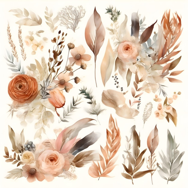 Ensemble de fleurs et de feuilles aquarelles Illustration dessinée à la main