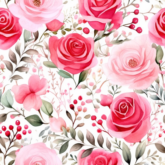 Photo un ensemble de fleurs et de feuilles de roses rouges aquarelles