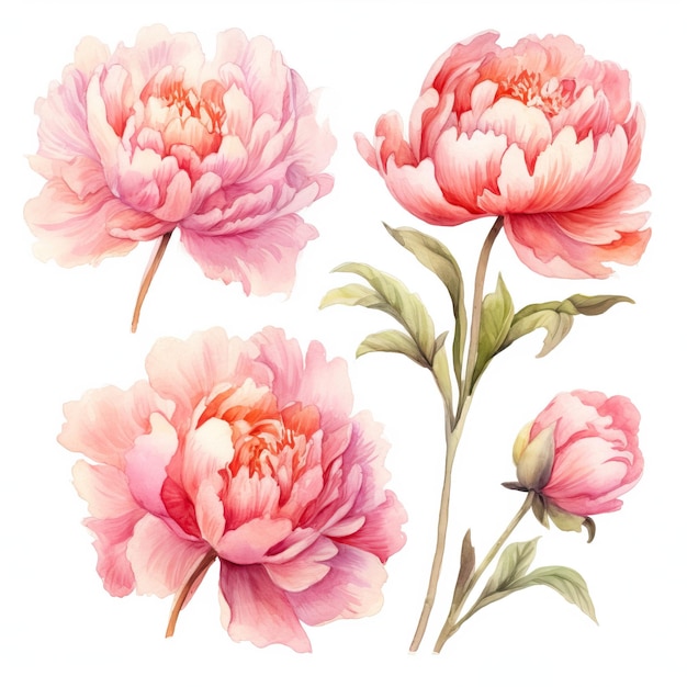 Ensemble de fleurs de pivoine aquarelle sur fond blanc généré par l'IA