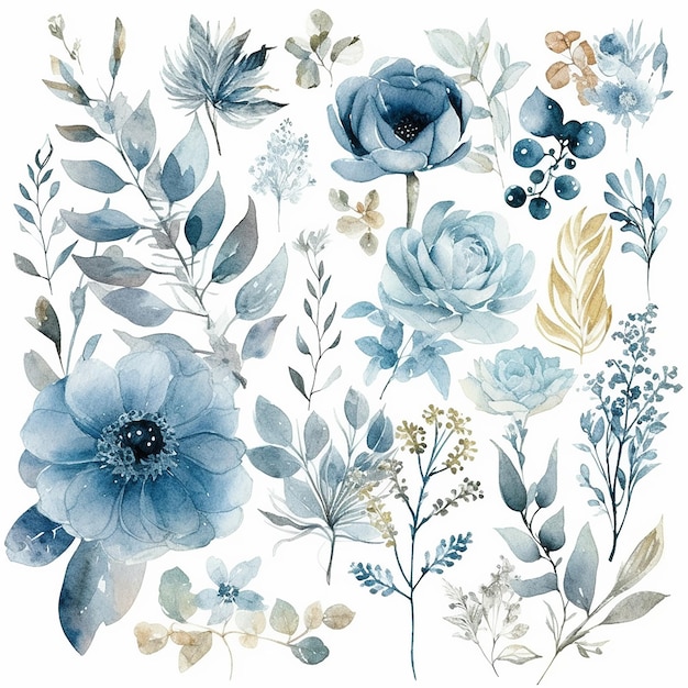 Un ensemble de fleurs et de plantes à l'aquarelle