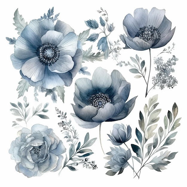 Un ensemble de fleurs poussiéreuses aquarelles avec des feuilles et des fleurs