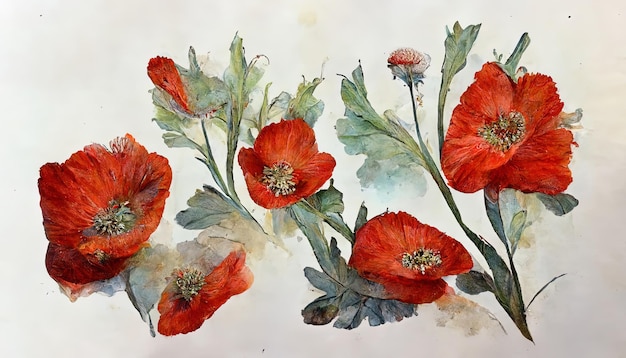 Ensemble de fleurs sauvages coquelicots rouges aquarelle isolé sur blanc belle fleur