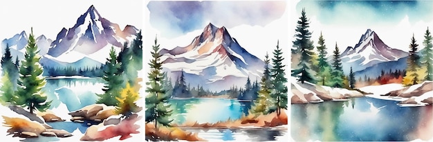 Ensemble de forêts de conifères et de montagnes glacées Illustration peinte à la main à l'aquarelle