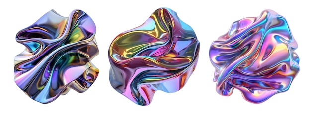 Un ensemble de formes liquides futuristes holographiques iridescentes abstraites et modernes avec des éléments de conception isolés en 3D