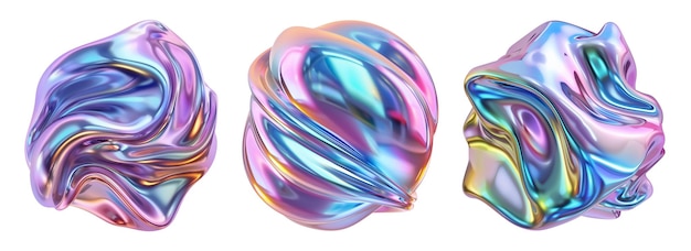 Un ensemble de formes liquides futuristes holographiques iridescentes abstraites et modernes avec des éléments de conception isolés en 3D