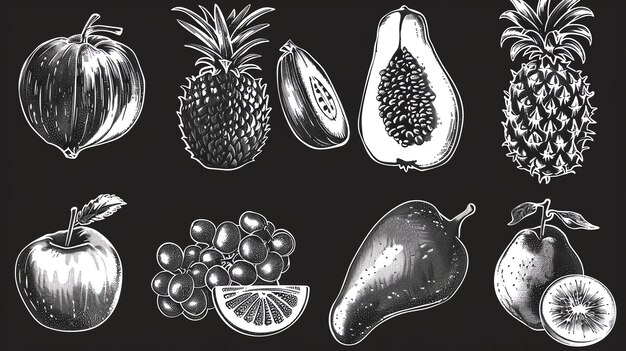 Photo un ensemble de fruits dessinés à la main les fruits sont un ananas une pomme des raisins une poire un kiwi une papaye une goyave et une noix de coco