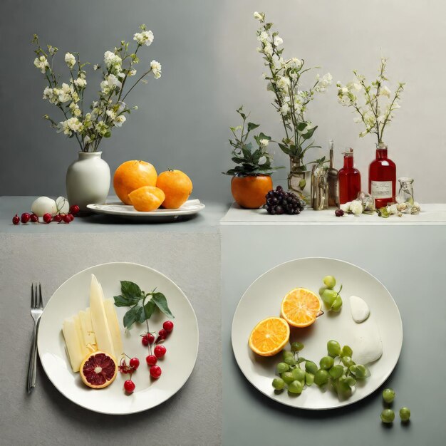 Photo ensemble de fruits frais et de fleurs sur fond blanc ensemble de fruits fraîches et de fleures sur fond blanc