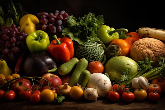 Ensemble de fruits et légumes frais brillants sur la table fond de nourriture lumière douce photographie publicitaire photographie commerciale IA générative