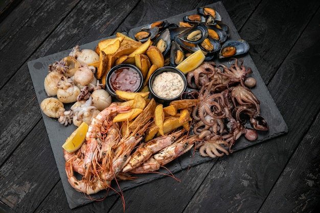 Ensemble de fruits de mer et de sauces sur une ardoise sur une table en bois foncé