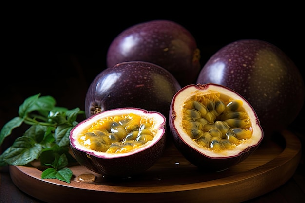 Ensemble de fruits de la passion frais entiers et demi isolés sur fond blanc