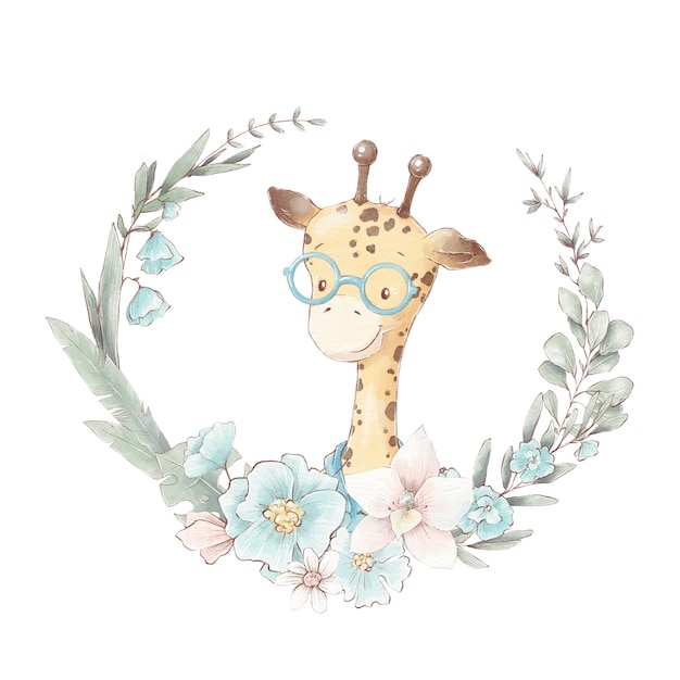 Ensemble de girafe de dessin animé mignon dans une tasse. Illustration à l'aquarelle.