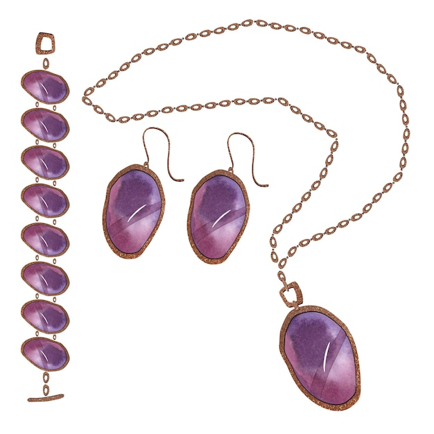 Photo ensemble de grands pendentifs et boucles d'oreilles féminines avec des améthystes et des chaînes en or gradients d'aquarelle de rose pourpre et noir clipart illustration isolée sur fond blanc bijoux pour femmes