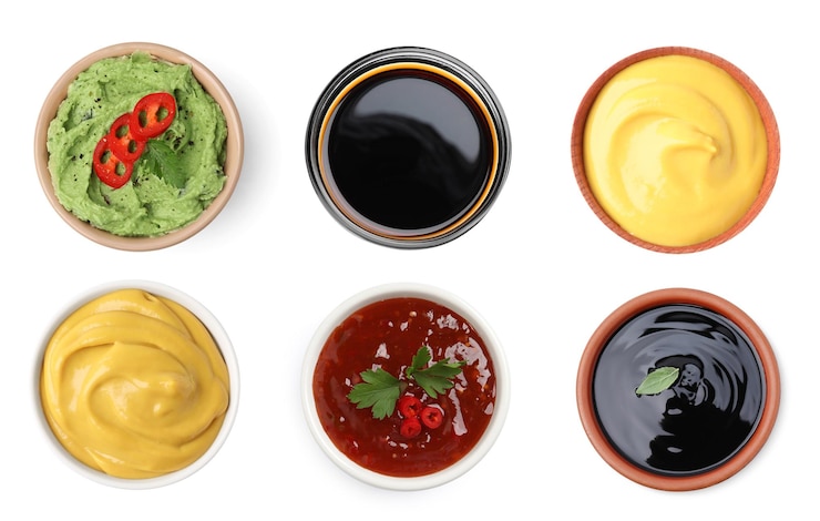 Photo ensemble de guacamole et différentes sauces sur la vue de dessus de fond blanc