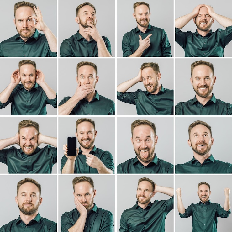 Photo un ensemble d'hommes beaux avec des émotions et des gestes différents