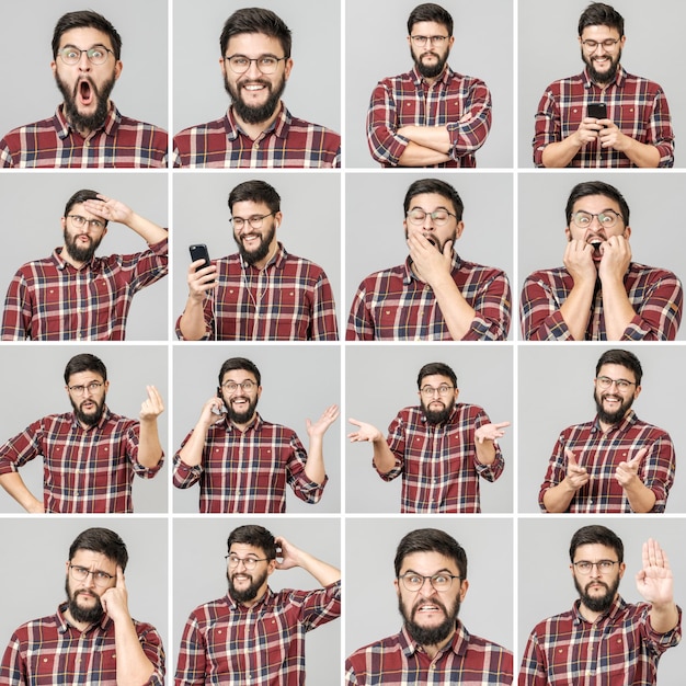 Photo un ensemble d'hommes beaux avec des émotions et des gestes différents