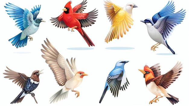 Photo un ensemble de huit illustrations d'oiseaux colorés les oiseaux sont tous d'espèces différentes ils volent tous sauf l'oiseau brun en bas à gauche
