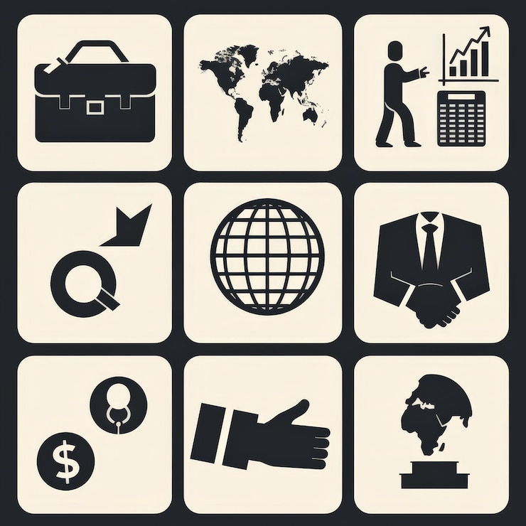 Photo ensemble d'icônes d'affaires portefeuille graphique globe et poignée de main
