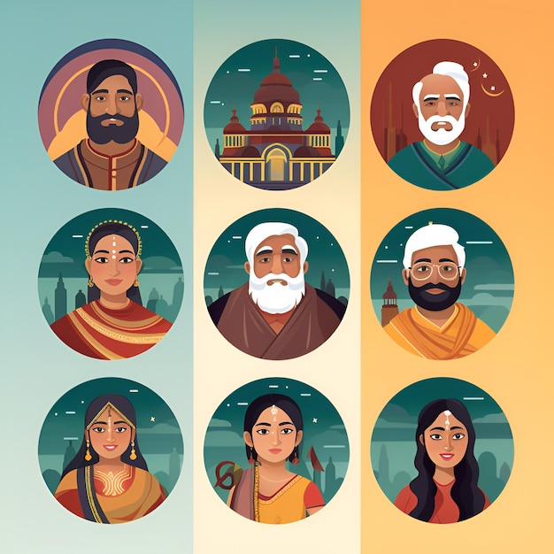 un ensemble d'icônes humaines indiennes dessinant des portraits de personnages indiens masculins et féminins