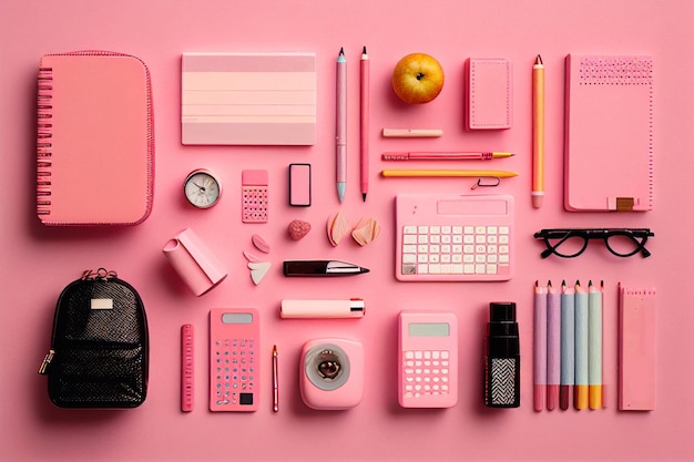 Ensemble d'icônes de papeterie. Livre, cahier, règle, couteau, dossier, crayon, stylo, calculatrice, ciseaux d'IA générative, fichier de ruban de peinture École de fournitures de bureau Matériel de bureau et d'éducation