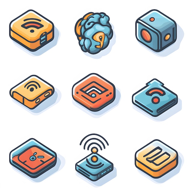 Ensemble d'icônes de réseau présentant des symboles de connectivité tels que des signaux WiFi, des grilles de réseau et la synchronisation des données Incluant des visuels de périphériques interconnectés, des réseaux de communication et de la technologie