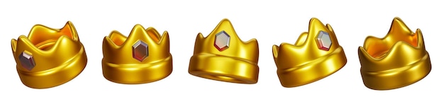 Ensemble d'icônes de signe de couronne 3d isolées sur fond blanc 5 icônes de symbole de couronne d'or d'angle différent pour le rendu 3d web