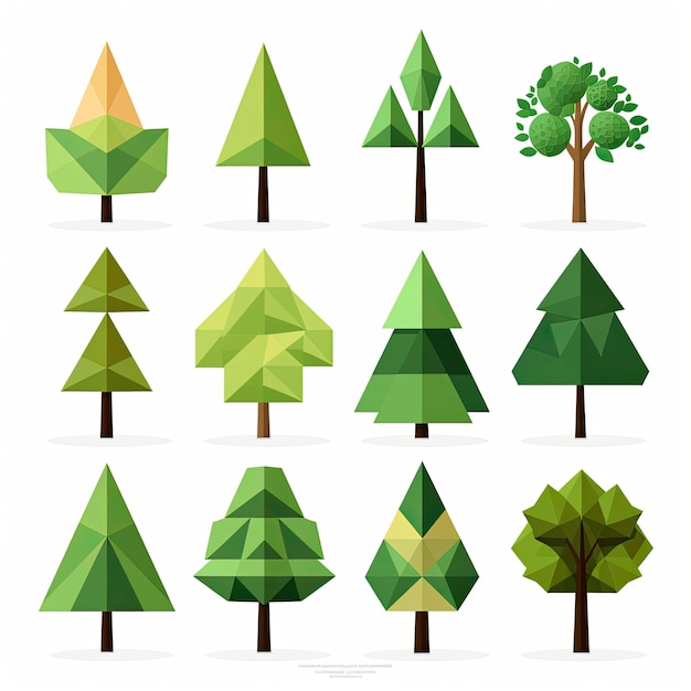 Ensemble d'icônes de style dessin animé d'arbres polygoniques