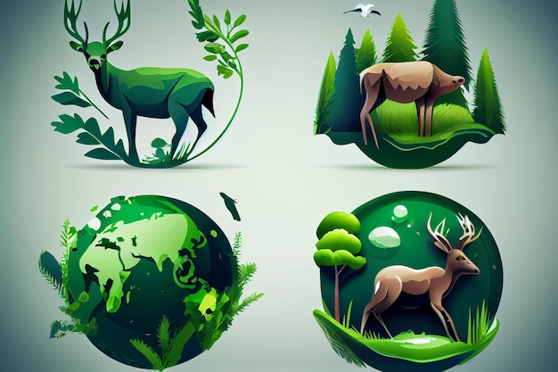 Un ensemble d'icônes vertes avec des animaux dessus