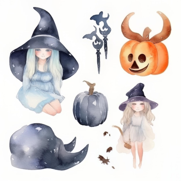 Ensemble d'illustrations aquarelle Halloween