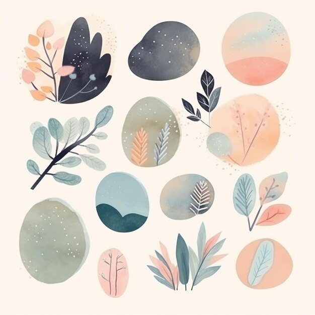 Photo un ensemble d'illustrations à l'aquarelle de plantes et de feuilles ai génératif