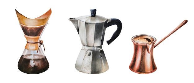 Ensemble d'illustrations à l'aquarelle pour faire du café : cafetière en laiton cezve geyser et chemex Han