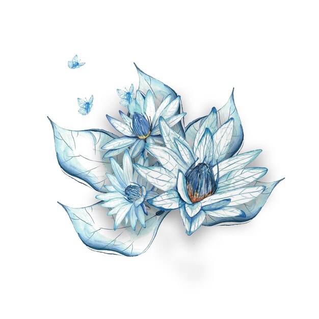 Un ensemble d'illustrations aquarelles papillons bleus fleurs de lotus laisse les mains pour les cartes postales de conception