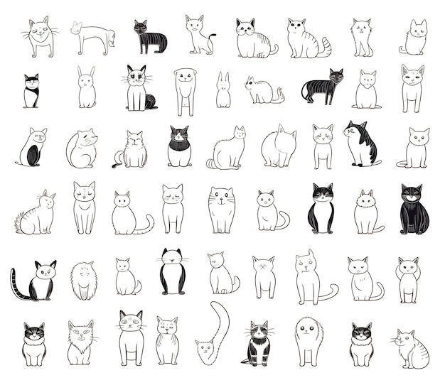 Un ensemble d'illustrations d'art en ligne de chats clipart design scandinave