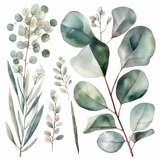 Un ensemble d'illustrations botaniques à l'aquarelle plante verte et feuilles d'eucalyptus