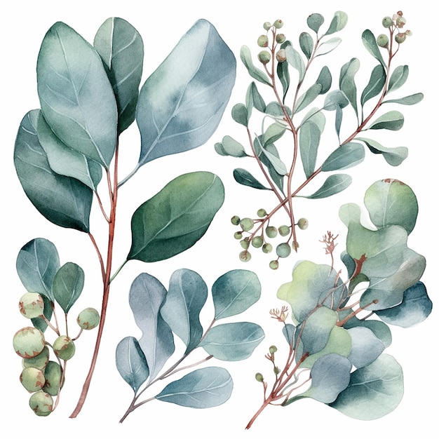 Un ensemble d'illustrations botaniques à l'aquarelle plante verte et feuilles d'eucalyptus