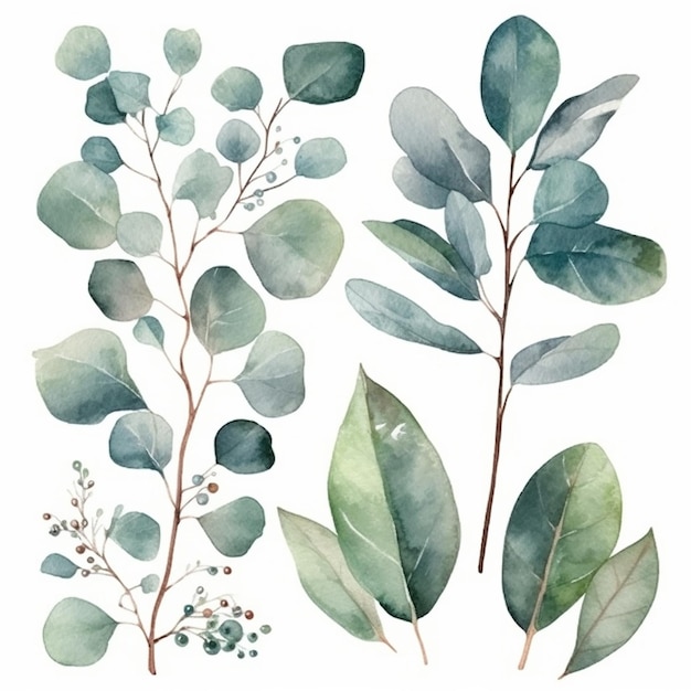 Un ensemble d'illustrations botaniques à l'aquarelle plante verte et feuilles d'eucalyptus