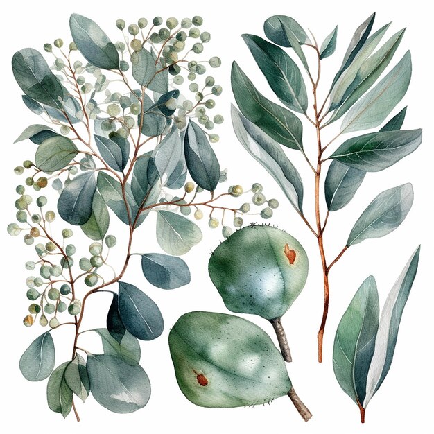 Un ensemble d'illustrations botaniques à l'aquarelle plante verte et feuilles d'eucalyptus