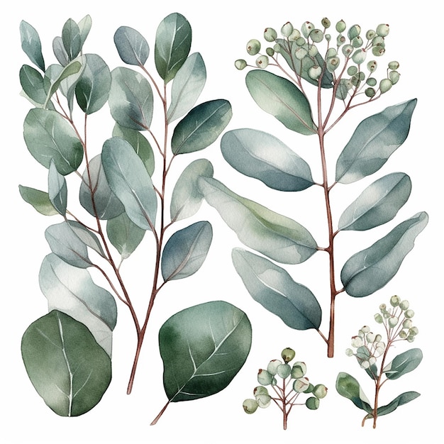 Photo un ensemble d'illustrations botaniques à l'aquarelle plante verte et feuilles d'eucalyptus