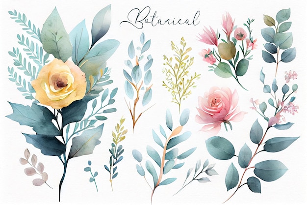 Ensemble d'illustrations de bouquet floral aquarelle blush rose bleu jaune fleur feuille verte feuilles branches