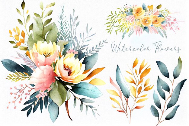 Ensemble d'illustrations de bouquet floral aquarelle blush rose bleu jaune fleur feuille verte feuilles branches