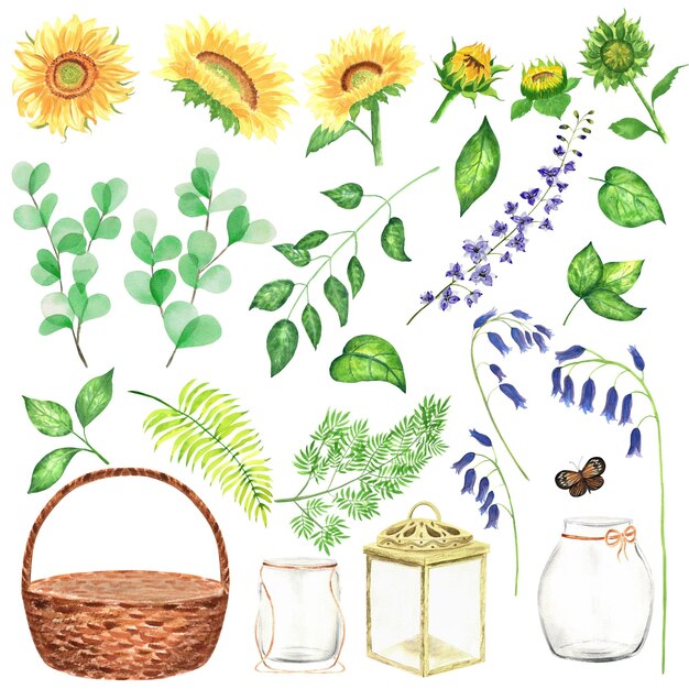 Ensemble d'illustrations de jardin à l'aquarelle peintes à la main, y compris des feuilles de fleurs et des objets différents